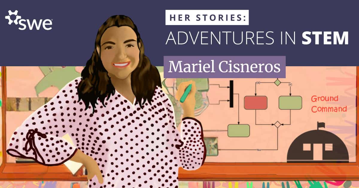 Graphic with an illustration of woman engineer Mariel Cisneros
