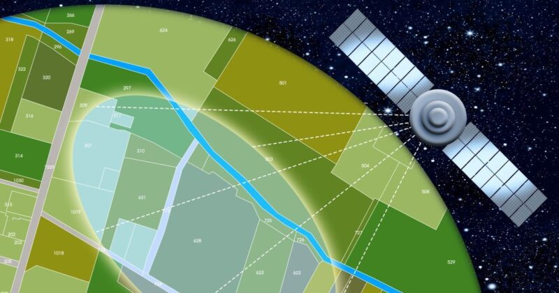 Photogrammetric technician stock illustration of a satellite making a map of the earth