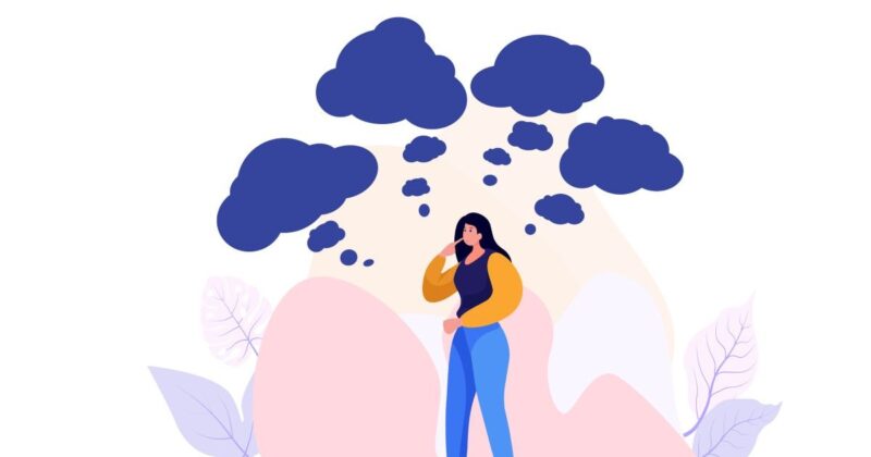 illustration of an overwhelmed woman engineer with thought bubbles around her