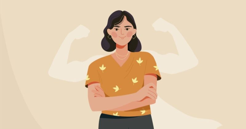 Illustration of a woman standing strong with arm muscles flexing in the background symbolizing strength